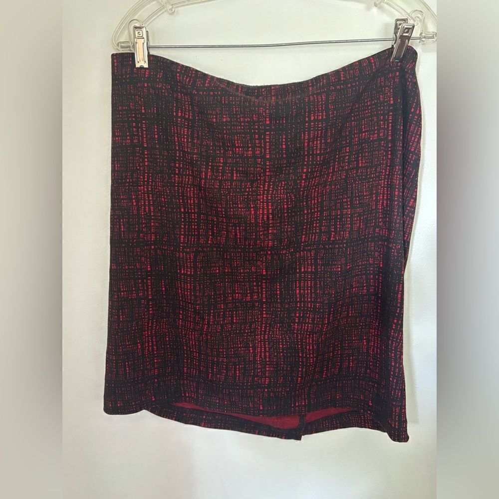 Ellen Tracy Red Black Knit Pull On Pencil Skirt XL Stretch Elastic Waist